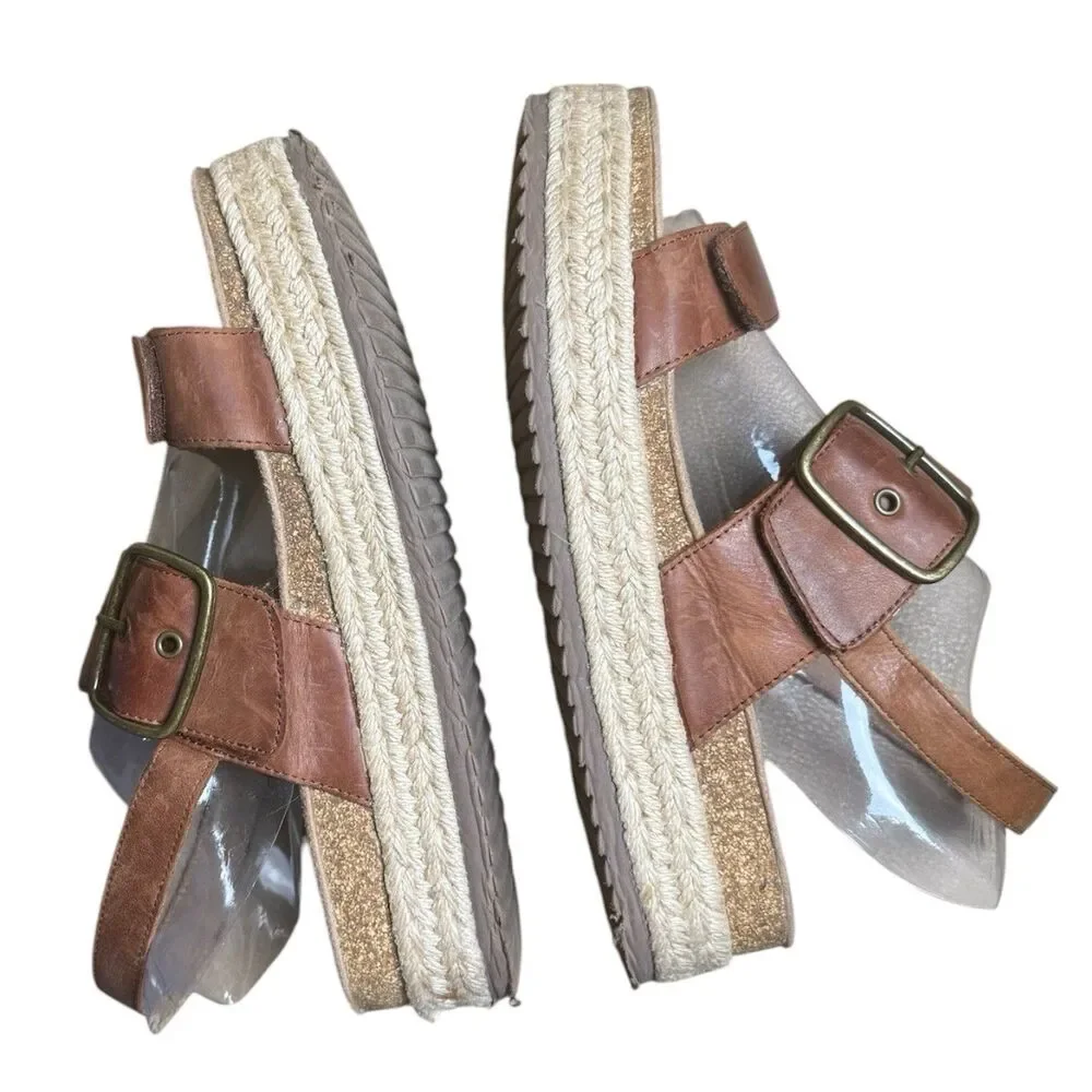 Aetrex Vania Arch Support Espradille Platform Sandals Cognac Leather Size 10